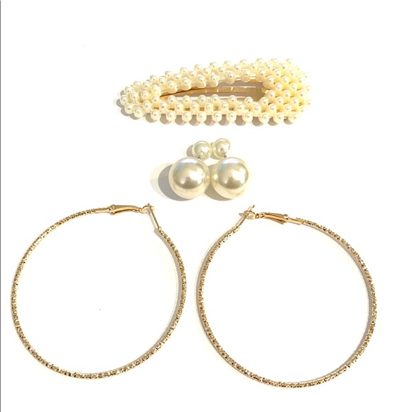 Earrings Barrette Set Gold Tone Faux Pearl - Picture 1 of 11